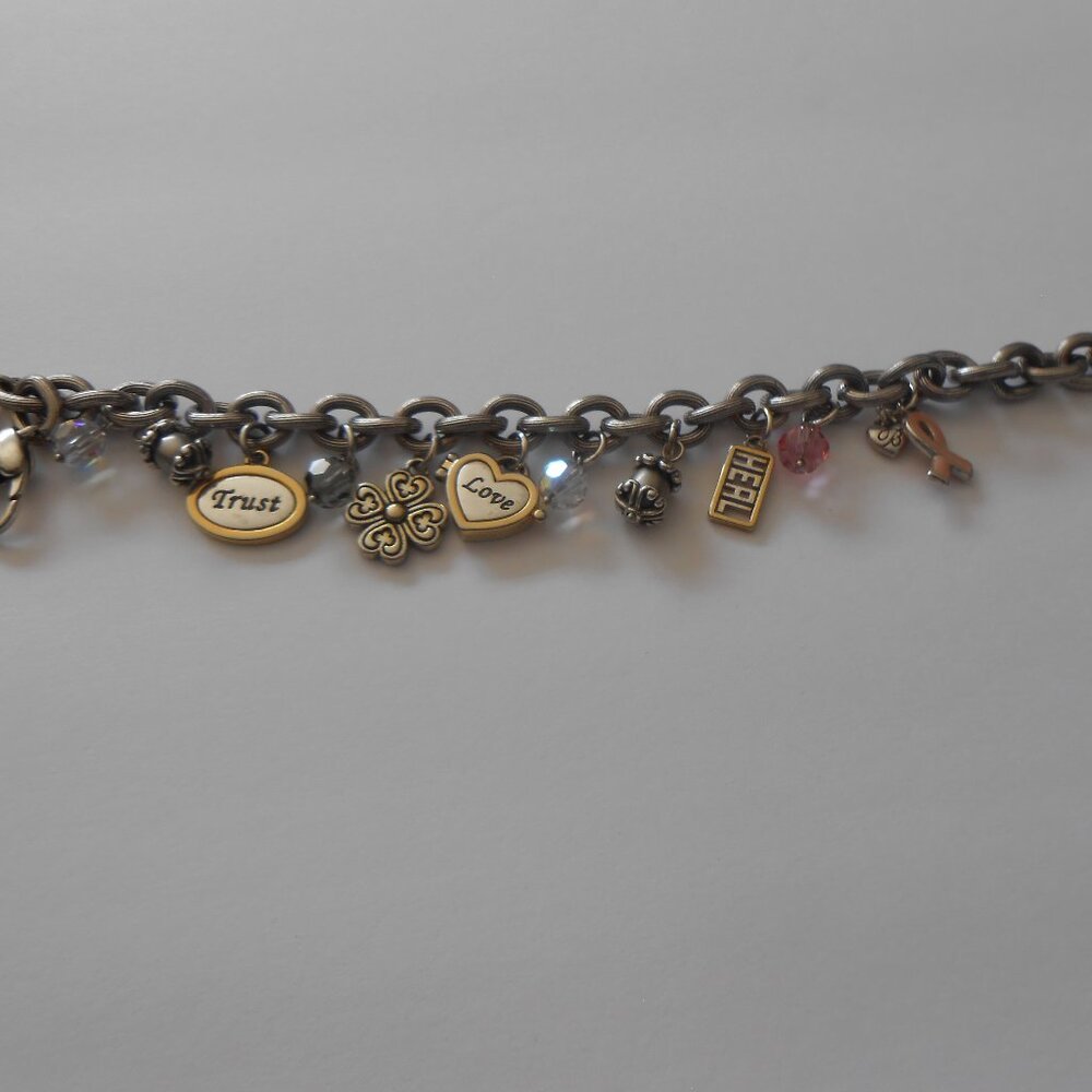 Brghton Breast Cancer Awarness Charm Bracelet Pink Enamel Ribbon Silver 8"